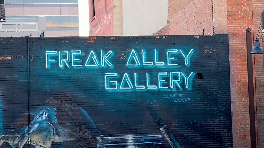 A close-up view of Freak Alley Gallery in downtown Boise, Idaho