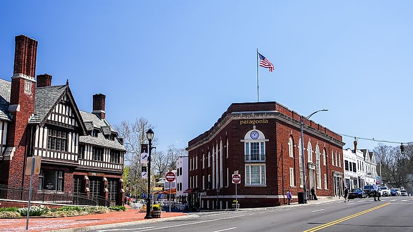 ew from road one to Church Lane in beautiful spring day with Patagonia store and Anthropologie store, via Miro Vrlik Photography / Shutterstock.com