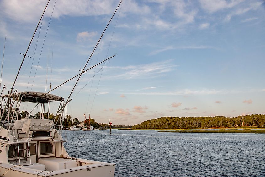 Calabash coast at sunset with marina and docks on the marsh