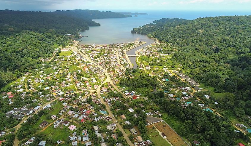 Aerial view from the Santo Antonio city in Prince Island with the sea as background