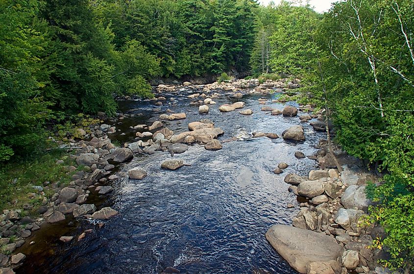 Looking out at rocky au sable river in wilmington new york wilderness