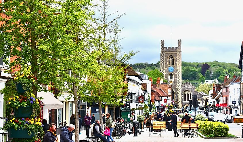 The view from the market place looking down Hart Street towards St Mary's church in Henley-on-Thames