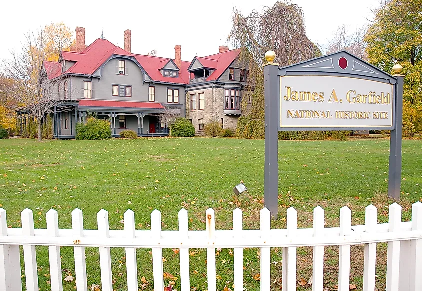 James A. Garfield National Historic Site home and sign.