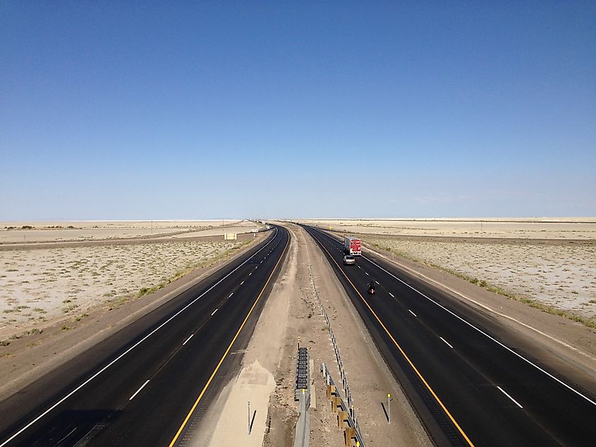 View east along Interstate 80 from the Exit 4 overpass in the Bonneville Salt Flats, Utah.