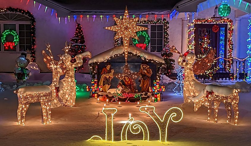 Christmas Nativity lighted scene, snow covered front yard, Stoneham Massachusett
