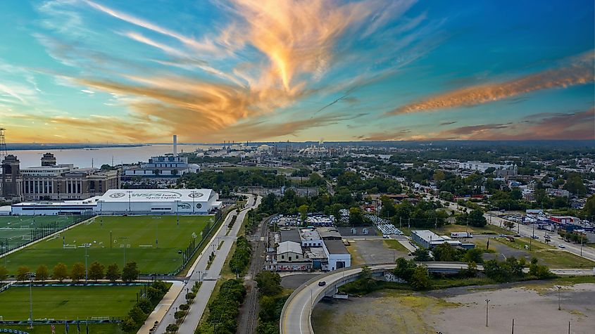 Aerial shot of the apartments, factories and office buildings in the skyline at Subaru Park in Chester Pennsylvania