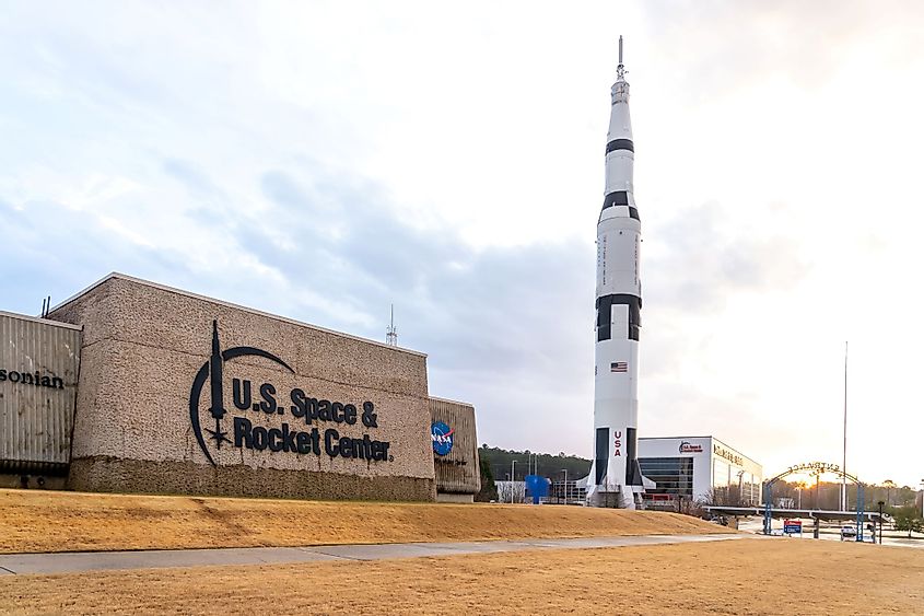 The exterior view of the US Space and Rocket Center in Huntsville, Alabama