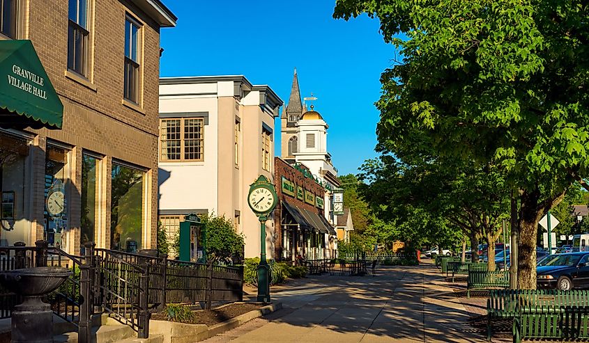 Churches and businesses line a shady block of Broadway Avenue in this small college village in east central Ohio.