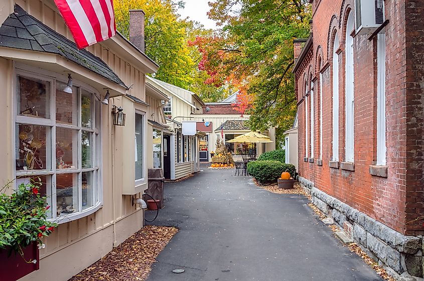 A street lined with boutique eateries in Stockbridge, Massachusetts.