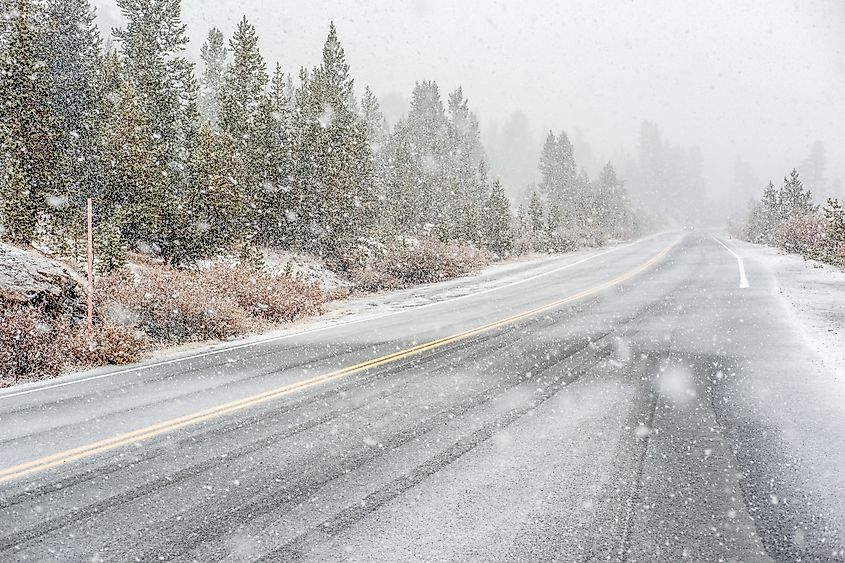 Winter weather on Tioga Pass, illustrating seasonal driving conditions.
