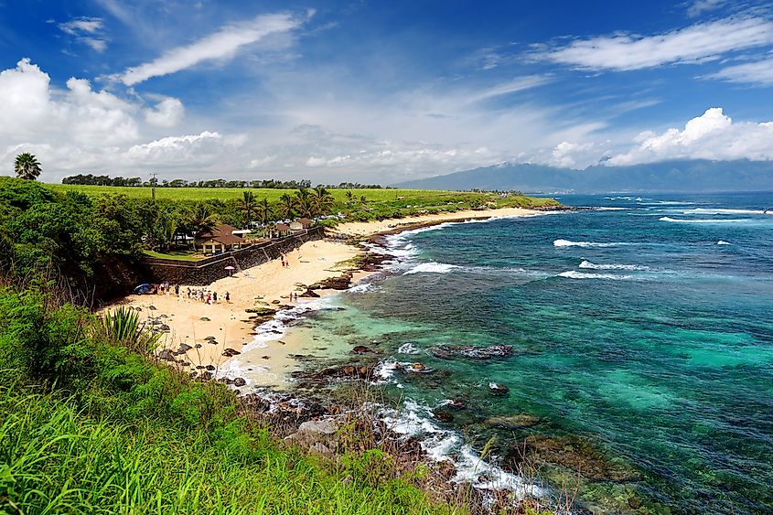 Famous Hookipa beach, popular surfing spot filled with a white sand beach, picnic areas and pavilions. Maui, Hawaii.