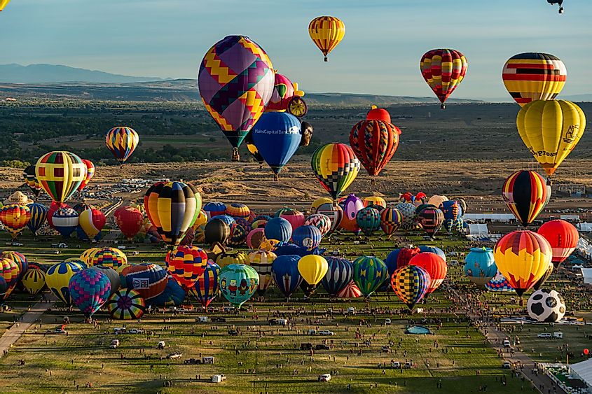 Aerial view of the hot air balloon mass ascension at the Albuquerque International Balloon Fiesta, Albuquerque, New Mexico
