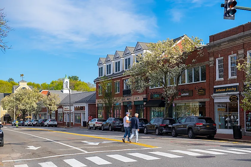 Historic commercial buildings on Massachusetts Avenue in the historic town center of Lexington, Massachusetts.