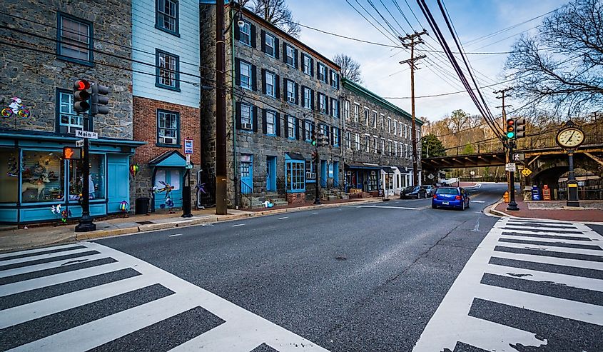 Intersection in downtown Ellicott City, Maryland.