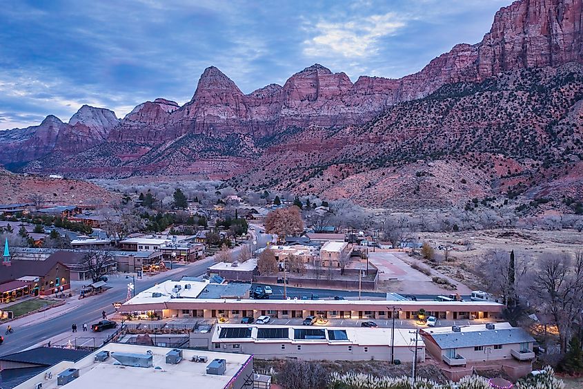 Aerial view of Springdale, Utah, and the surrounding Zion National Park.