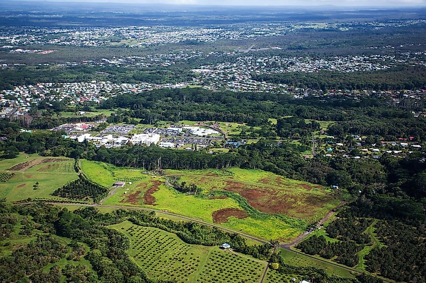 Aerial view of the Big Island of Hawaii, over Hilo, the capital city of Big Island.