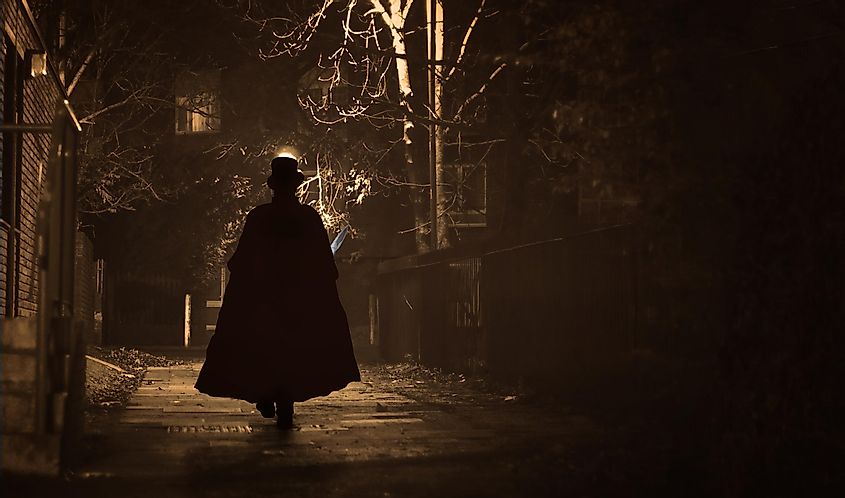 An imagining of "Jack The Ripper" stalking through London.