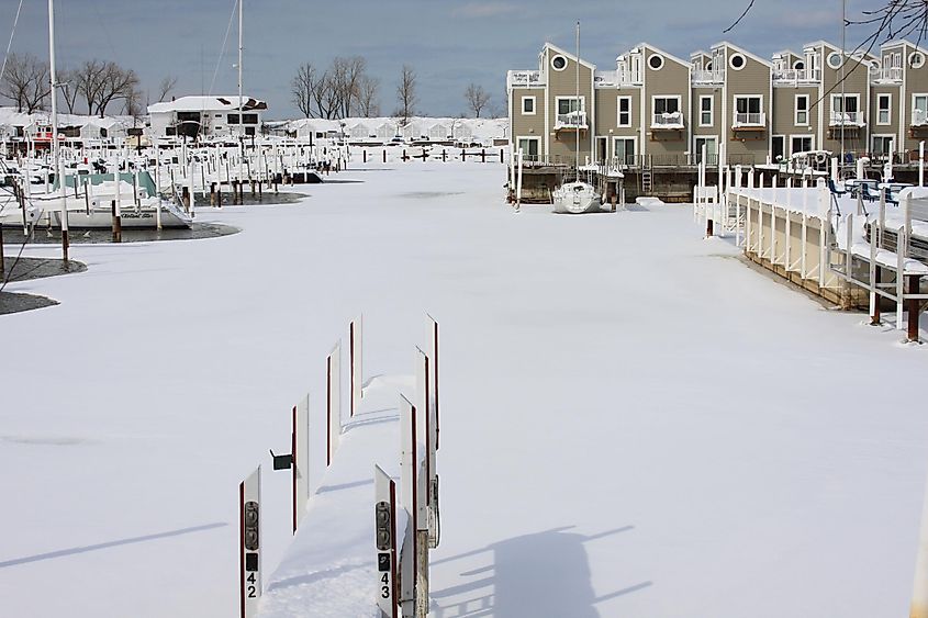 The harbor at New Buffalo, Michigan, in winter.