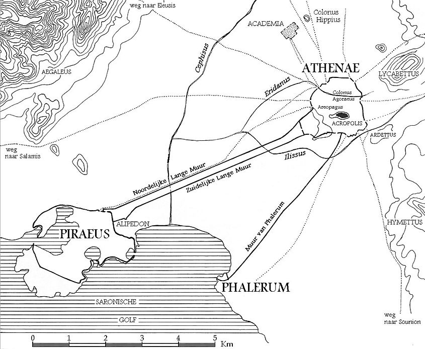 The Long Walls connecting the ancient city of Athens to its port of Piraeus. 