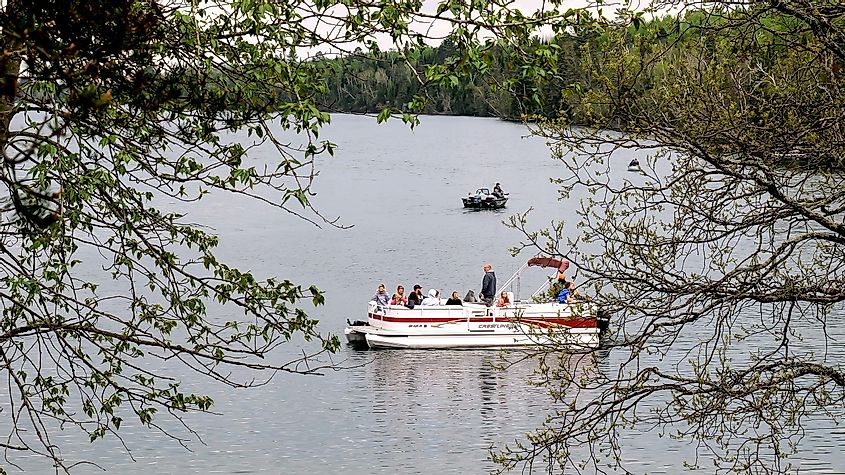A pontoon and boats on a beautiful lake are seen through tree branches. Boating in Minnesota.
