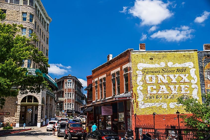 Historic downtown Eureka Springs, Arkansas, with boutique shops and famous buildings.