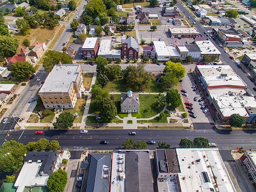 Aerial view of Corydon, Indiana, via https://www.thisisindiana.org/directory/historic-downtown-corydon/