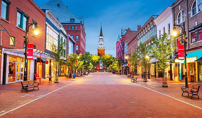 Burlington, Vermont, USA at Church Street Marketplace at twilight.