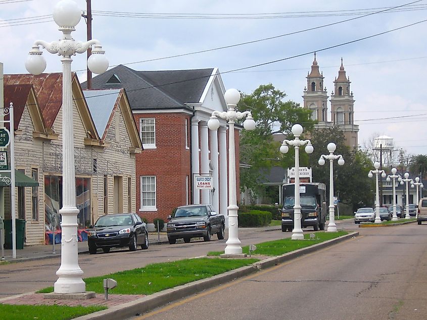 Historic lampposts lining the Main Street of Franklin, Louisiana.