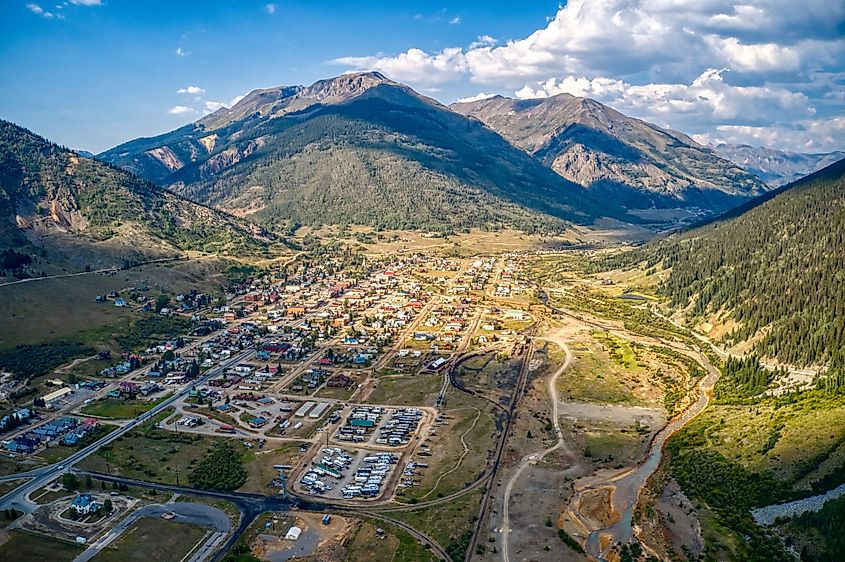 Aerial view of Silverton and the San Juan Mountains.