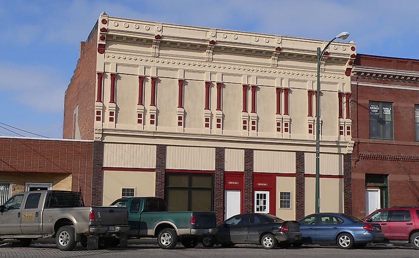 Italianate building at 104 W. 2nd Street, Wayne, Nebraska, circa 1890. Notable within the Wayne Commercial Historic District on the National Register of Historic Places.