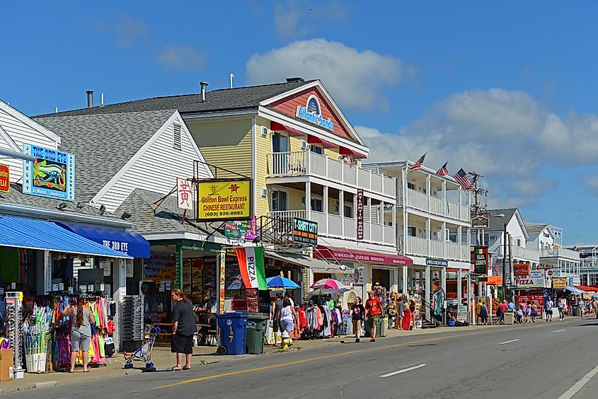 Historic waterfront buildings at the corner of Ocean Boulevard and I Street in Hampton, New Hampshire, via 