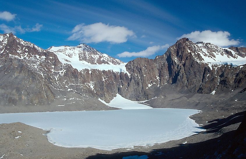 The ice-covered Lake Untersee in the Gruber Mountains of East Antarctica.