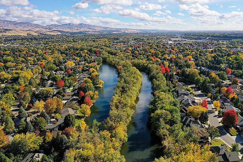 Aerial view of the Boise River and Garden City, Idaho.
