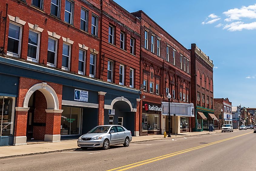 Businesses along North Fraley Street on a sunny spring day in Kane, Pennsylvania.