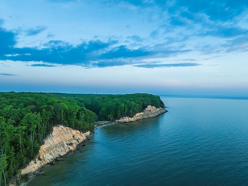 Aerial view of Calvert Cliffs at sunrise in Maryland