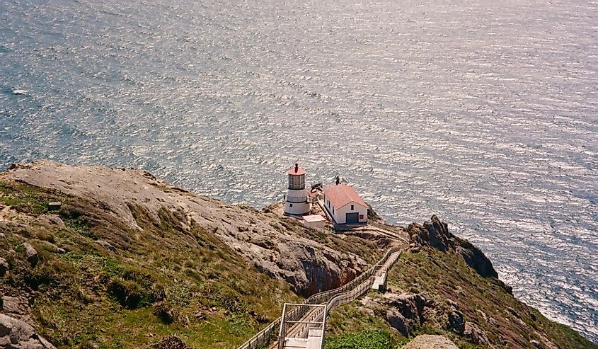Lighthouse, built in 1870, at end of long, steep stairway at Point Reyes National Seashore, Inverness, California