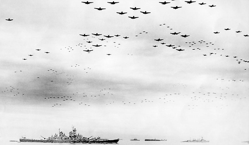 American fighter fly in formation over the USS MISSOURI during surrender ceremonies