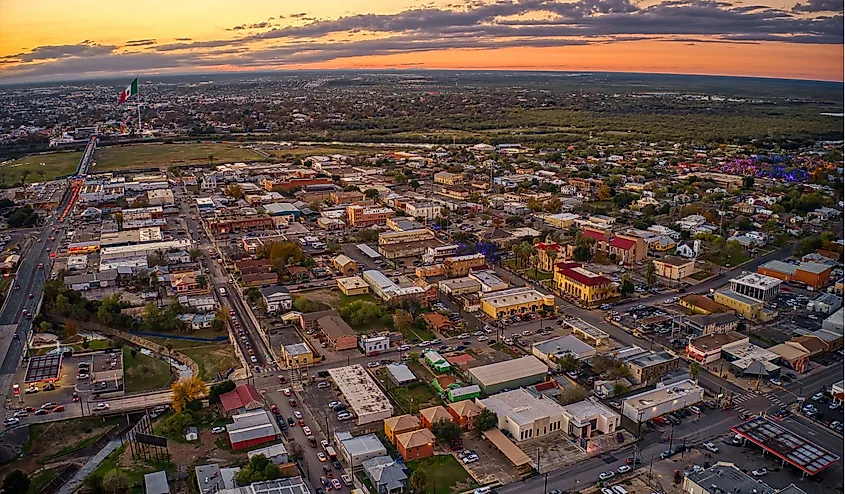 Aerial view of Eagle Pass, Texas, and Piedras Negras, Coahuila, at sunset