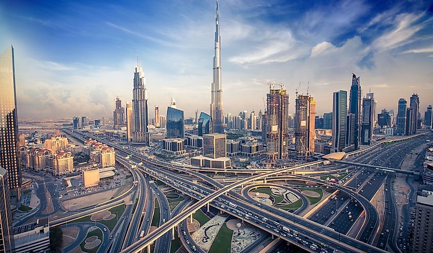 Dubai skyline with beautiful city close to it's busiest highway on traffic