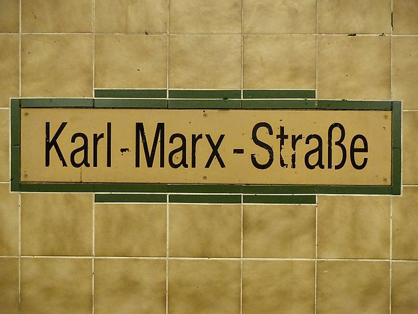 The tiled Karl-Marx-Straße station sign on the Berlin U-Bahn, Germany.