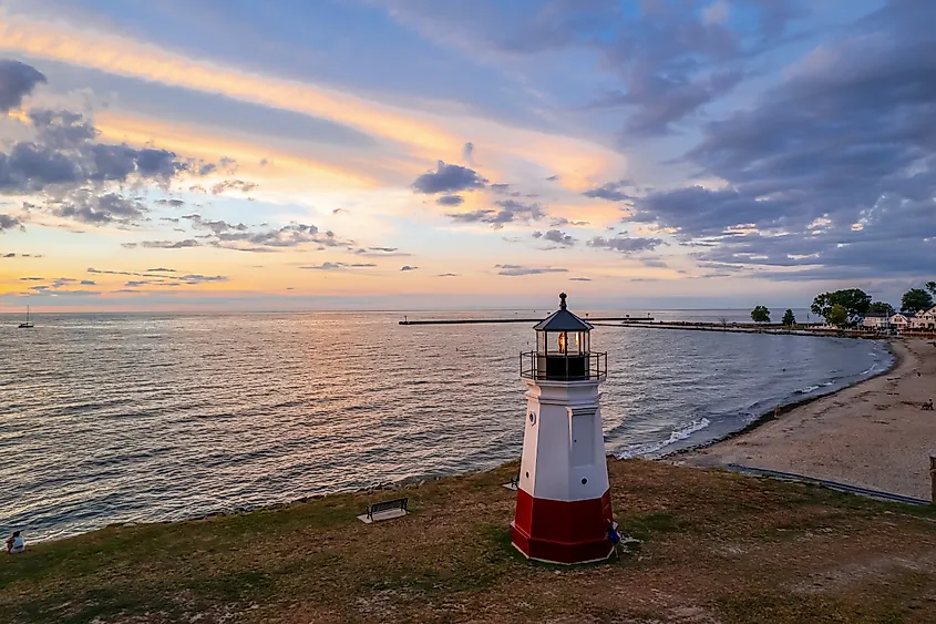 Historic Vermilion Lighthouse at harbor view state park in Vermilion city Ohio