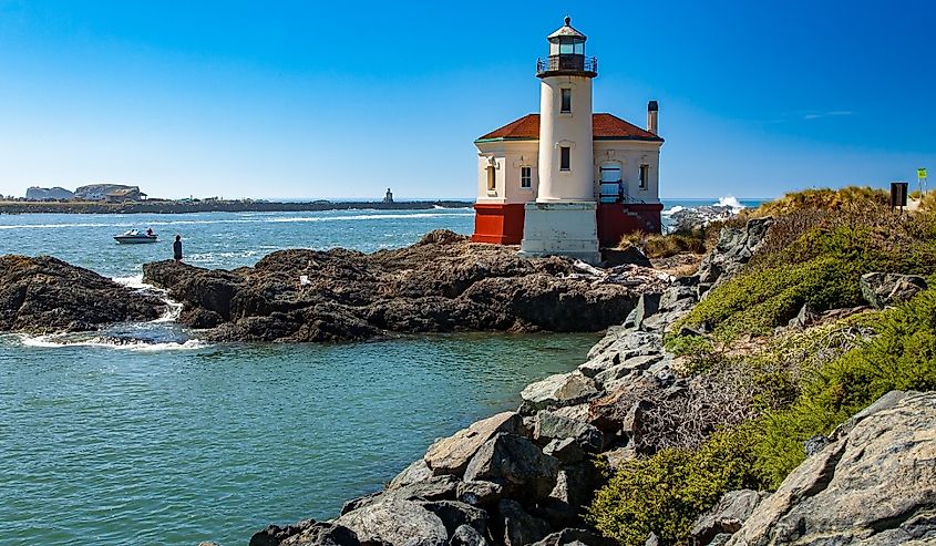 Looking out over the water and Bandon Lighthouse, Bandon, Oregon.