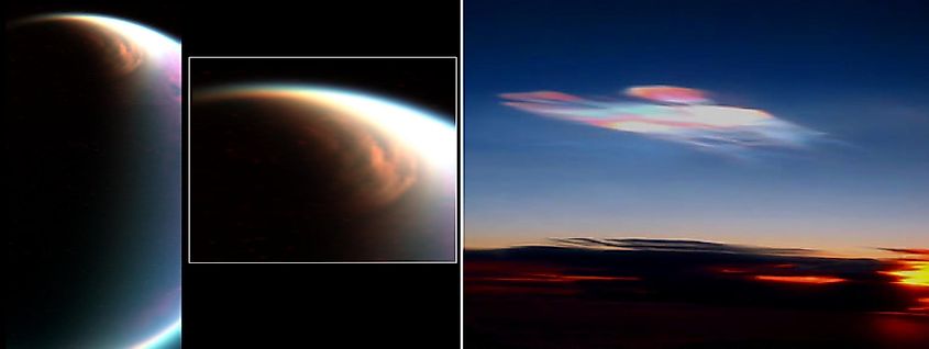 Polar clouds, made of methane, on Titan (left) compared with polar clouds on Earth (right).