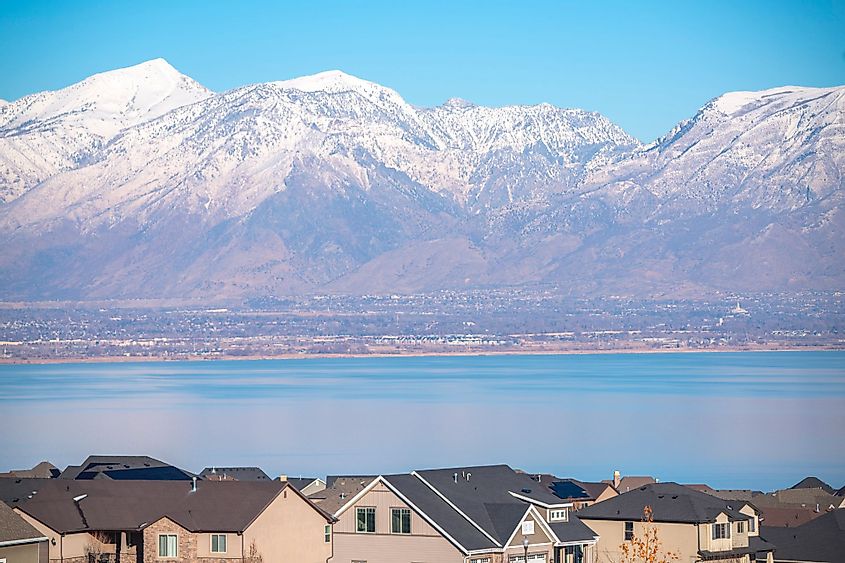 Picturesque view of Utah Lake behind the town