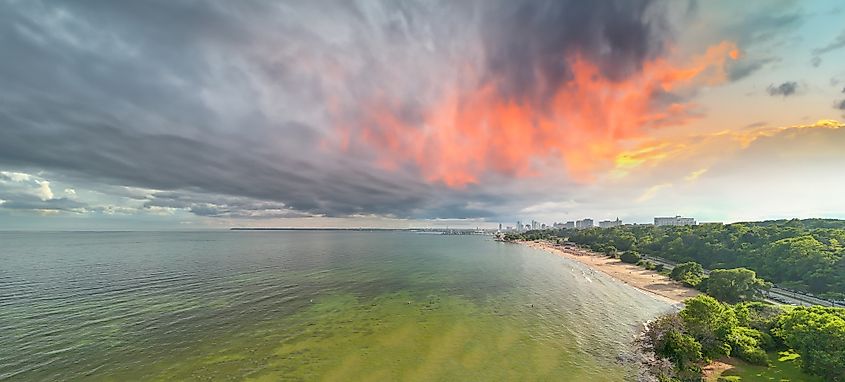 Aerial view of Bradford Beach in Milwaukee at sunset, Lake Michigan, Wisconsin.