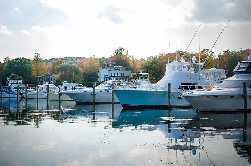 Yachts in Harbor on a cloudy autumn day in Essex, Connecticut. 