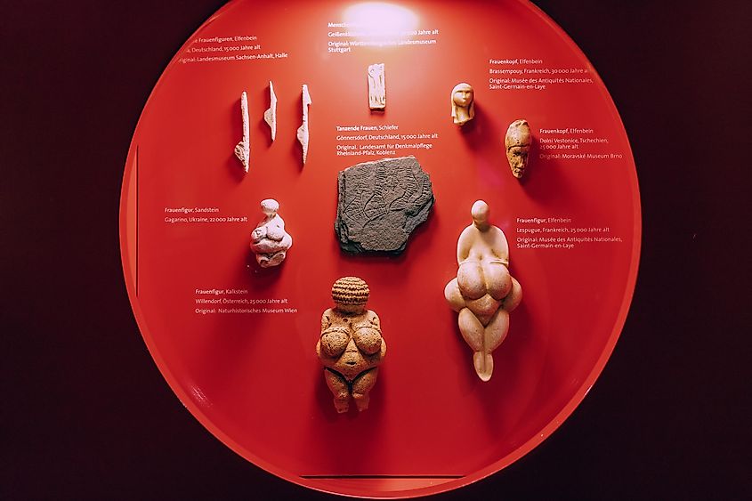 Neanderthal museum, Germany: venus of Willendorf and other Paleolithic figurines of female deities carved from stone and bone