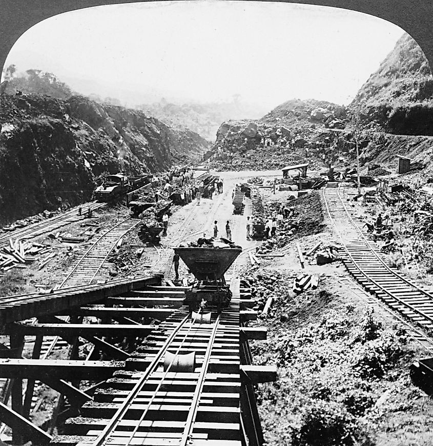 Excavation and removal of dirt at the Culebra Cut, Panama Canal.
