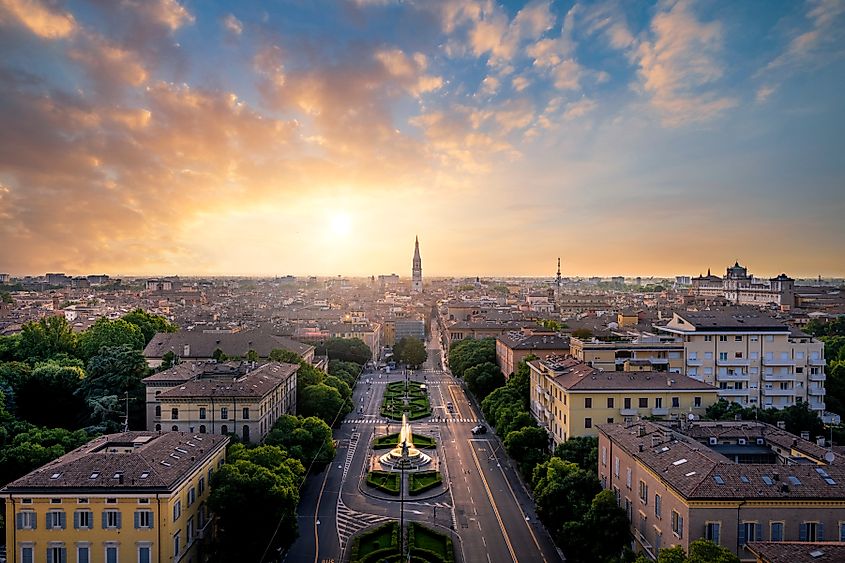 The city of Modena seen during a summer sunset from above.