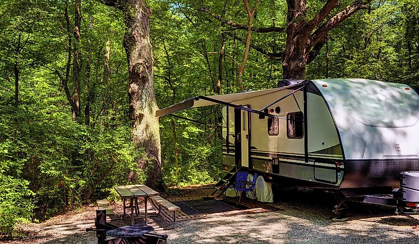 Travel trailer camping in the woods at starved rock state park illinois